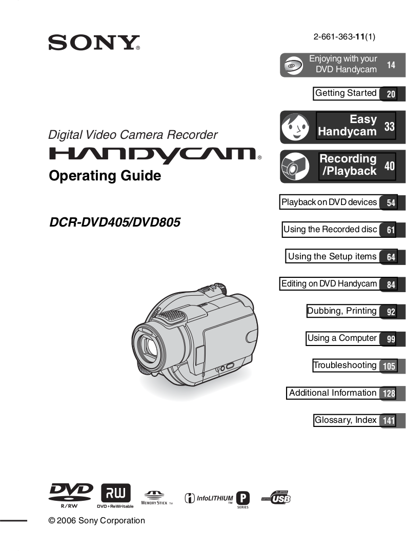 Download Free Pdf For Sony Handycam DCR-DVD805 Camcorders Manual